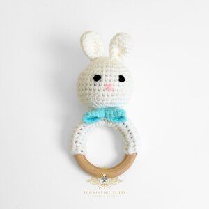 NWT Cute Handmade Crochet Bunny Baby Rattle Baby & Toddler Wooden Plush Toys